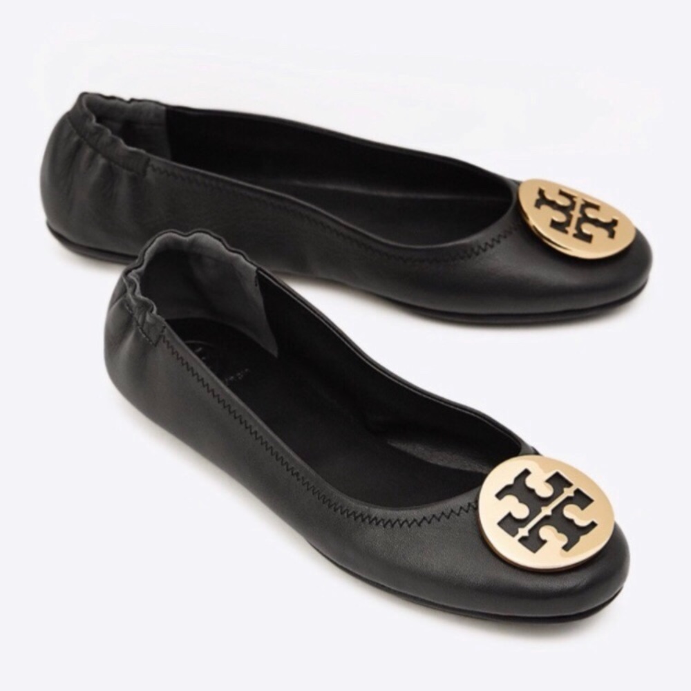 TORY BURCH Black Leather REVA Flat 7.5